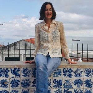 Vintage 1970s Tumbleweeds Cream Lace Button Down Blouse | Pointed Collar S